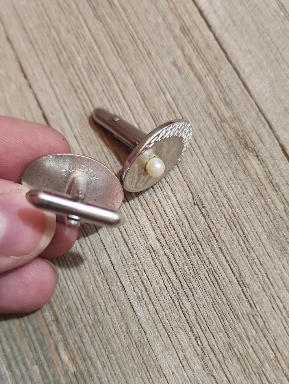 Vintage Swank Silver Tone Pearl Accent Oval Cufflinks